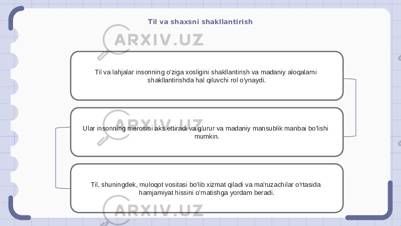 Til va shaxsni shakllantirish Til va lahjalar insonning o&#39;ziga xosligini shakllantirish va madaniy aloqalarni shakllantirishda hal qiluvchi rol o&#39;ynaydi. Ular insonning merosini aks ettiradi va g&#39;urur va madaniy mansublik manbai bo&#39;lishi mumkin. Til, shuningdek, muloqot vositasi bo&#39;lib xizmat qiladi va ma&#39;ruzachilar o&#39;rtasida hamjamiyat hissini o&#39;rnatishga yordam beradi. 