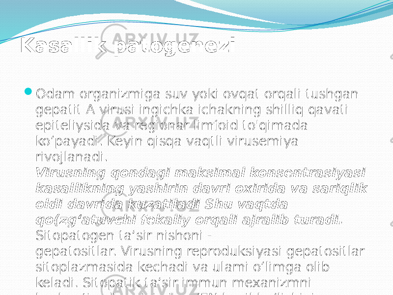 Kasallik patogenezi  Odam organizmiga suv yoki ovqat orqali tushgan gepatit A virusi ingichka ichakning shilliq qavati epiteliysida va regionar limfoid to&#39;qimada ko‘payadi. Keyin qisqa vaqtli virusemiya rivojlanadi. Virusning qondagi maksimal konsentrasiyasi kasallikning yashirin davri oxirida va sariqlik oldi davrida kuzatiladi Shu vaqtda qo(zg‘atuvchi fekaliy orqali ajralib turadi. Sitopatogen ta’sir nishoni - gepatositlar. Virusning reproduksiyasi gepatositlar sitoplazmasida kechadi va ulami o‘limga olib keladi. Sitopatik ta’sir immun mexanizmni kuchaytiradi, ya’ni virus IFN hosil bo‘lishini indusirlaydi, IFN esa, NK-hujayralami faollaydi. 