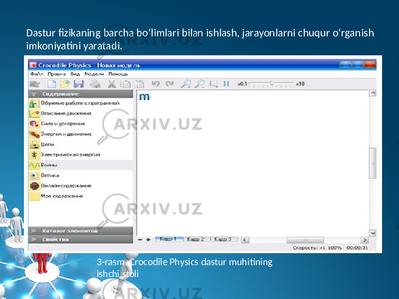 Dastur fizikaning barcha bo‘limlari bilan ishlash, jarayonlarni chuqur o‘rganish imkoniyatini yaratadi. 3-rasm. Crocodile Physics dastur muhitining ishchi stoli 