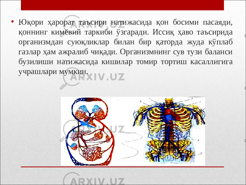 • Юқори ҳарорат таъсири натижасида қон босими пасаяди, қоннинг кимёвий таркиби ўзгаради. Иссиқ ҳаво таъсирида организмдан суюқликлар билан бир қаторда жуда кўплаб газлар ҳам ажралиб чиқади. Организмнинг сув тузи баланси бузилиши натижасида кишилар томир тортиш касаллигига учрашлари мумкин. 