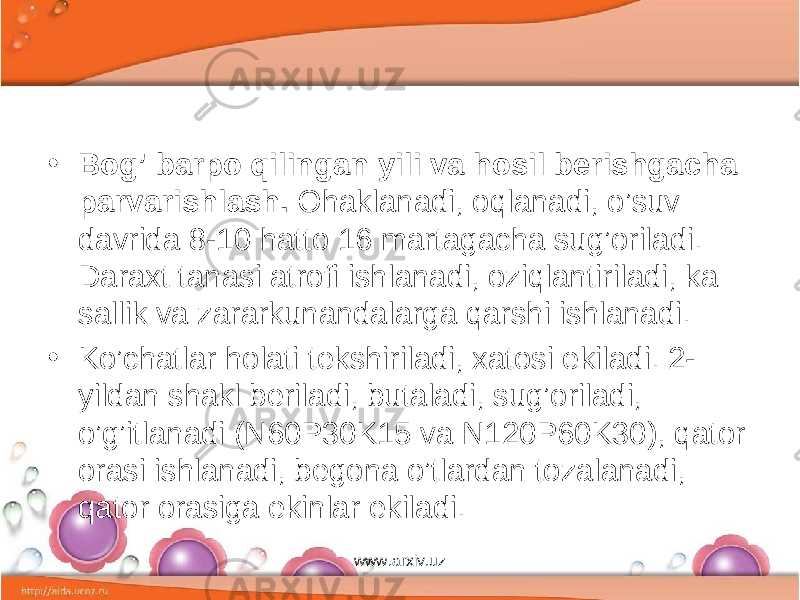 • Bog’ barpo qilingan yili va hosil berishgacha parvarish lash. Ohaklanadi, oqlanadi, o’suv davrida 8-10 hatto 16 martagacha sug’oriladi. Daraxt tanasi atrofi ishlanadi, oziqlantiriladi, ka sallik va zararkunandalarga qarshi ishlanadi. • Ko’chatlar holati tekshiriladi, xatosi ekiladi. 2- yildan shakl beriladi, butaladi, sug’oriladi, o’g’itlanadi (N60P30K15 va N120P60K30), qator orasi ishlanadi, begona o’tlardan tozalanadi, qator orasiga ekinlar ekiladi. www.arxiv.uz 