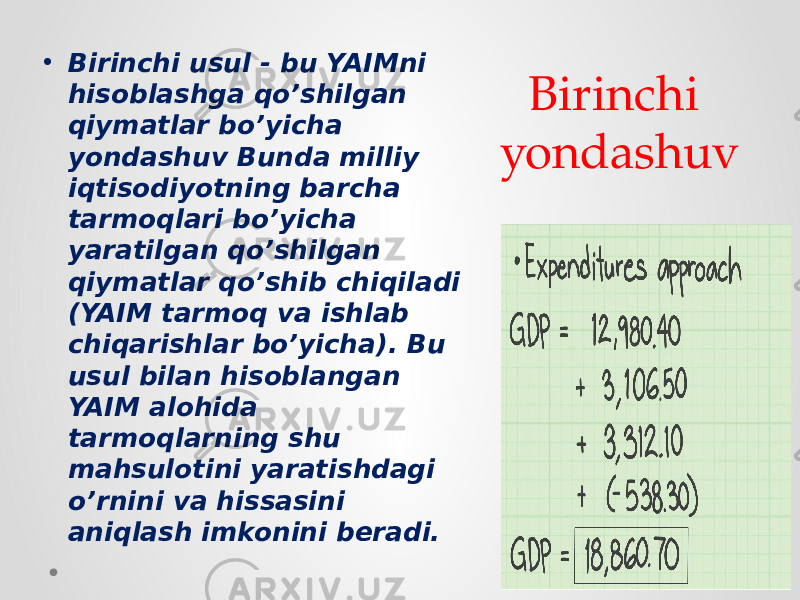 Birinchi yondashuv• Birinchi usul - bu YAIMni hisoblashga qo’shilgan qiymatlar bo’yicha yondashuv Bunda milliy iqtisodiyotning barcha tarmoqlari bo’yicha yaratilgan qo’shilgan qiymatlar qo’shib chiqiladi (YAIM tarmoq va ishlab chiqarishlar bo’yicha). Bu usul bilan hisoblangan YAIM alohida tarmoqlarning shu mahsulotini yaratishdagi o’rnini va hissasini aniqlash imkonini beradi. 