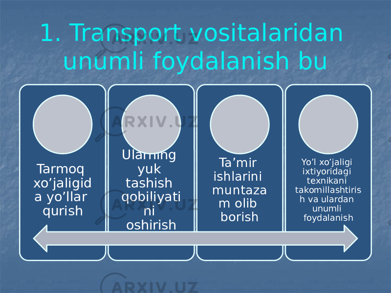 1. Transport vositalaridan unumli foydalanish bu Tarmoq xo’jaligid a yo’llar qurish Ularning yuk tashish qobiliyati ni oshirish Ta’mir ishlarini muntaza m olib borish Yo’l xo’jaligi ixtiyoridagi texnikani takomillashtiris h va ulardan unumli foydalanish 