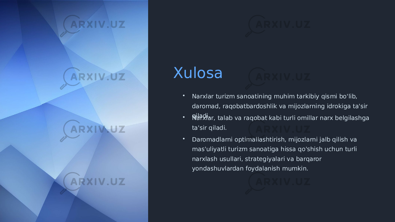 Xulosa • Narxlar turizm sanoatining muhim tarkibiy qismi bo&#39;lib, daromad, raqobatbardoshlik va mijozlarning idrokiga ta&#39;sir qiladi. • Narxlar, talab va raqobat kabi turli omillar narx belgilashga ta&#39;sir qiladi. • Daromadlarni optimallashtirish, mijozlarni jalb qilish va mas&#39;uliyatli turizm sanoatiga hissa qo&#39;shish uchun turli narxlash usullari, strategiyalari va barqaror yondashuvlardan foydalanish mumkin. 