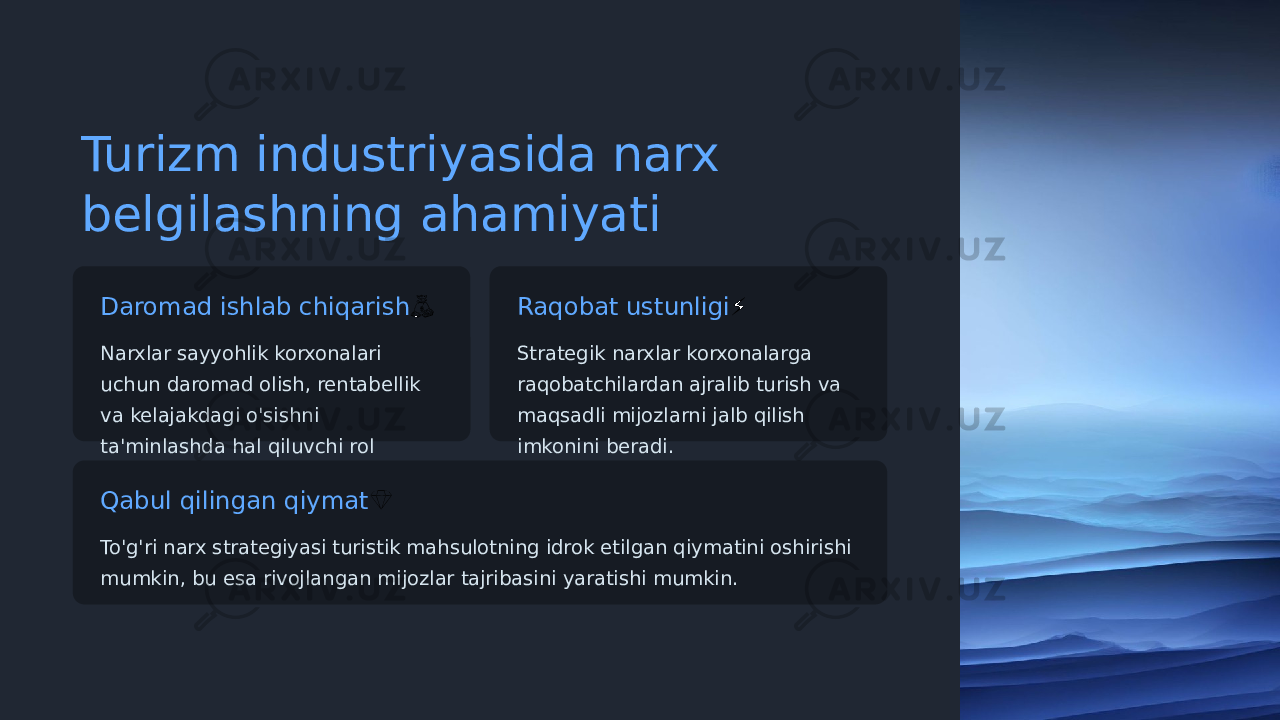 Turizm industriyasida narx belgilashning ahamiyati Daromad ishlab chiqarish &#55357;&#56496; Narxlar sayyohlik korxonalari uchun daromad olish, rentabellik va kelajakdagi o&#39;sishni ta&#39;minlashda hal qiluvchi rol o&#39;ynaydi. Raqobat ustunligi ⚡ Strategik narxlar korxonalarga raqobatchilardan ajralib turish va maqsadli mijozlarni jalb qilish imkonini beradi. Qabul qilingan qiymat &#55357;&#56462; To&#39;g&#39;ri narx strategiyasi turistik mahsulotning idrok etilgan qiymatini oshirishi mumkin, bu esa rivojlangan mijozlar tajribasini yaratishi mumkin. 