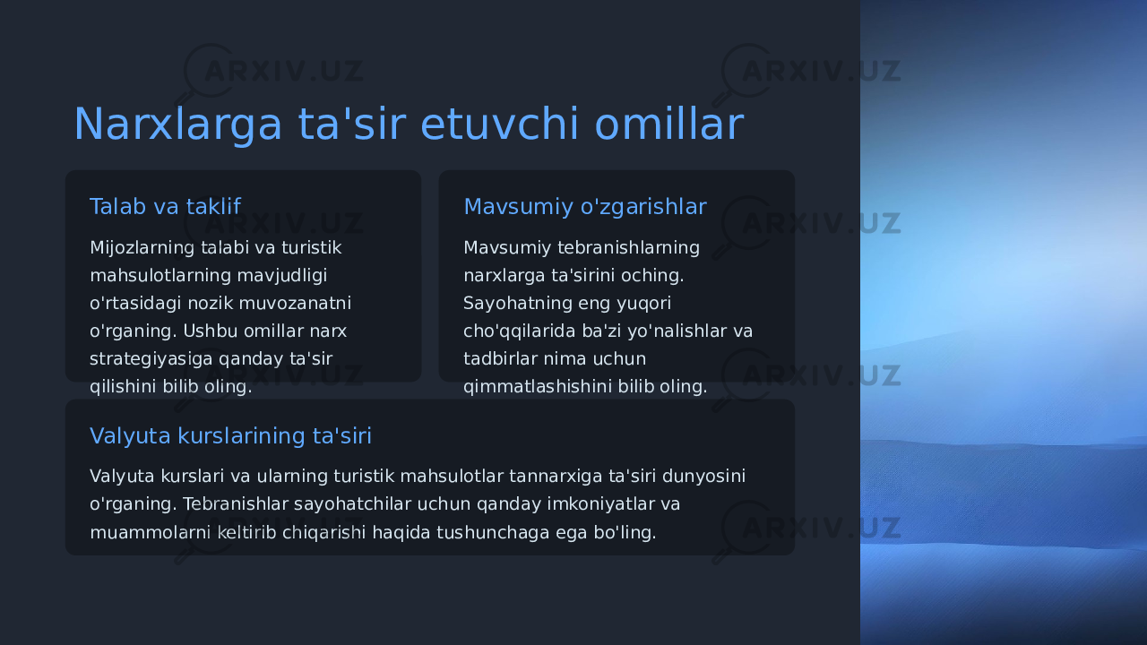 Narxlarga ta&#39;sir etuvchi omillar Talab va taklif Mijozlarning talabi va turistik mahsulotlarning mavjudligi o&#39;rtasidagi nozik muvozanatni o&#39;rganing. Ushbu omillar narx strategiyasiga qanday ta&#39;sir qilishini bilib oling. Mavsumiy o&#39;zgarishlar Mavsumiy tebranishlarning narxlarga ta&#39;sirini oching. Sayohatning eng yuqori cho&#39;qqilarida ba&#39;zi yo&#39;nalishlar va tadbirlar nima uchun qimmatlashishini bilib oling. Valyuta kurslarining ta&#39;siri Valyuta kurslari va ularning turistik mahsulotlar tannarxiga ta&#39;siri dunyosini o&#39;rganing. Tebranishlar sayohatchilar uchun qanday imkoniyatlar va muammolarni keltirib chiqarishi haqida tushunchaga ega bo&#39;ling. 