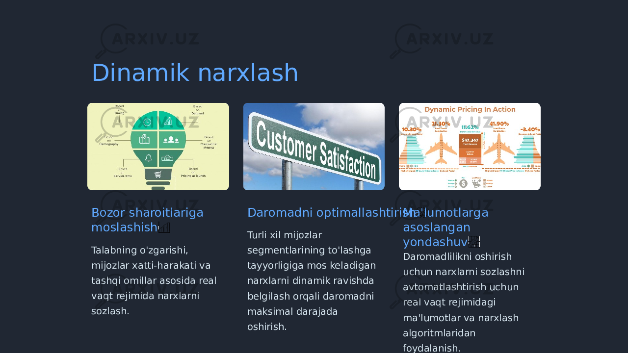 Dinamik narxlash Bozor sharoitlariga moslashish &#55357;&#56522; Talabning o&#39;zgarishi, mijozlar xatti-harakati va tashqi omillar asosida real vaqt rejimida narxlarni sozlash. Daromadni optimallashtirish &#55357;&#56504; Turli xil mijozlar segmentlarining to&#39;lashga tayyorligiga mos keladigan narxlarni dinamik ravishda belgilash orqali daromadni maksimal darajada oshirish. Ma&#39;lumotlarga asoslangan yondashuv &#55357;&#56520; Daromadlilikni oshirish uchun narxlarni sozlashni avtomatlashtirish uchun real vaqt rejimidagi ma&#39;lumotlar va narxlash algoritmlaridan foydalanish. 