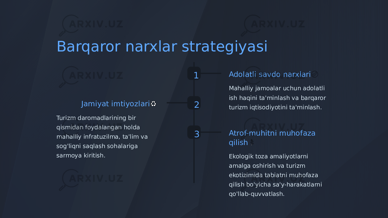 Barqaror narxlar strategiyasi 1 Adolatli savdo narxlari ✅ Mahalliy jamoalar uchun adolatli ish haqini ta&#39;minlash va barqaror turizm iqtisodiyotini ta&#39;minlash.2Jamiyat imtiyozlari ♻ Turizm daromadlarining bir qismidan foydalangan holda mahalliy infratuzilma, ta&#39;lim va sog&#39;liqni saqlash sohalariga sarmoya kiritish. 3 Atrof-muhitni muhofaza qilish &#55356;&#57151; Ekologik toza amaliyotlarni amalga oshirish va turizm ekotizimida tabiatni muhofaza qilish bo&#39;yicha sa&#39;y-harakatlarni qo&#39;llab-quvvatlash. 