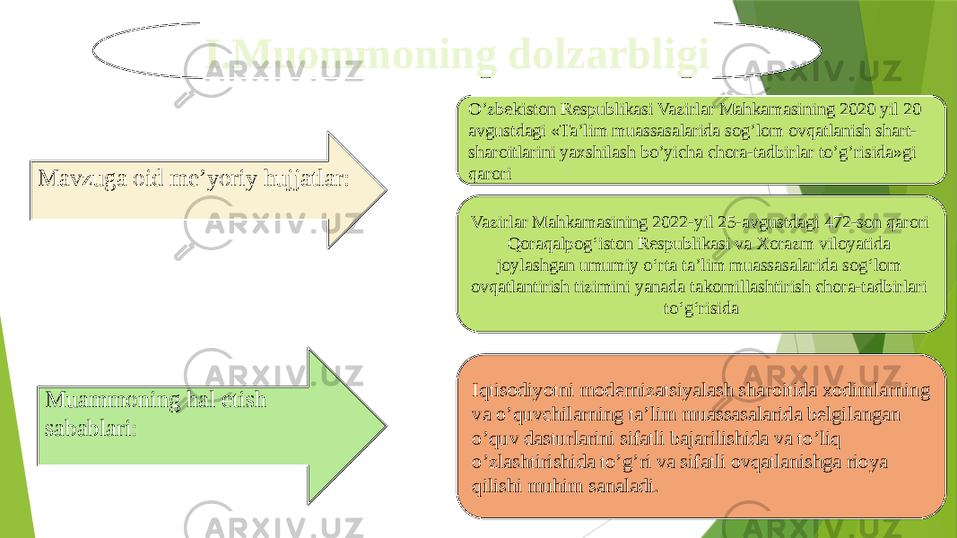 I.Muommoning dolzarbligi Vazirlar Mahkamasining 2022-yil 25-avgustdagi 472-son qarori Qoraqalpog‘iston Respublikasi va Xorazm viloyatida joylashgan umumiy o‘rta ta’lim muassasalarida sog‘lom ovqatlantirish tizimini yanada takomillashtirish chora-tadbirlari to‘g‘risidaO’zbekiston Respublikasi Vazirlar Mahkamasining 2020 yil 20 avgustdagi «Ta’lim muassasalarida sog’lom ovqatlanish shart- sharoitlarini yaxshilash bo’yicha chora-tadbirlar to’g’risida»gi qarori Iqtisodiyotni modernizatsiyalash sharoitida xodimlarning va o’quvchilarning ta’lim muassasalarida belgilangan o’quv dasturlarini sifatli bajarilishida va to’liq o’zlashtirishida to’g’ri va sifatli ovqatlanishga rioya qilishi muhim sanaladi.Mavzuga oid me’yoriy hujjatlar: Muammoning hal etish sabablari: 