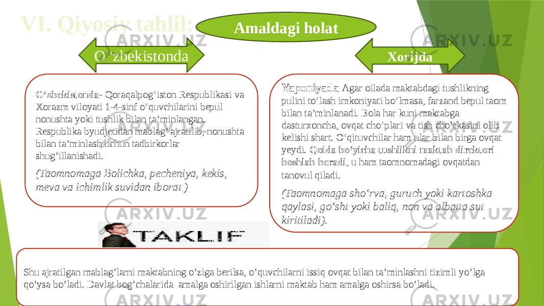 VI. Qiyosiy tahlil: Amaldagi holat O &#39;zbekistonda Xorijda O’zbekistonda- Qoraqalpog‘iston Respublikasi va Xorazm viloyati 1-4-sinf o‘quvchilarini bepul nonushta yoki tushlik bilan ta’minlangan. Respublika byudjetidan mablag’ ajratilib, nonushta bilan ta’minlash uchun tadbirkorlar shug’illanishadi. (Taomnomaga Bolichka, pecheniya, kekis, meva va ichimlik suvidan iborat ) Yaponiyada Agar oilada maktabdagi tushlikning pulini to‘lash imkoniyati bo‘lmasa, farzand bepul taom bilan ta’minlanadi. Bola har kuni maktabga dasturxoncha, ovqat cho‘plari va tish cho‘tkasini olib kelishi shart. O‘qituvchilar ham ular bilan birga ovqat yeydi. Qoida bo‘yicha tushlikni maktab direktori boshlab beradi , u ham taomnomadagi ovqatdan tanovul qiladi. (Taomnomaga sho‘rva, guruch yoki kartoshka qaylasi, go‘sht yoki baliq, non va albatta sut kiritiladi). Shu ajratilgan mablag’larni maktabning o’ziga berilsa, o’quvchilarni issiq ovqat bilan ta’minlashni tizimli yo’lga qo’ysa bo’ladi. Davlat bog’chalarida amalga oshirilgan ishlarni maktab ham amalga oshirsa bo’ladi. 