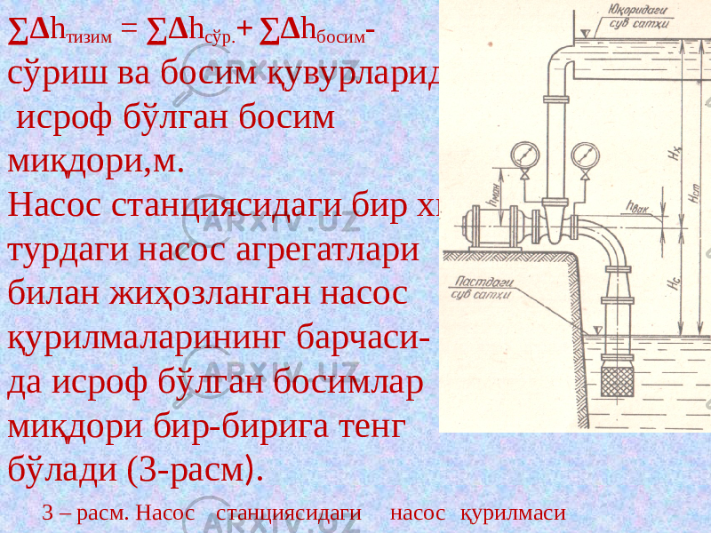 ∑∆ h тизим = ∑∆ h сўр. + ∑∆ h босим - сўриш ва босим қувурларида исроф бўлган босим миқдори,м. Насос станциясидаги бир хил турдаги насос агрегатлари билан жиҳозланган насос қурилмаларининг барчаси- да исроф бўлган босимлар миқдори бир-бирига тенг бўлади (3-расм ). 3 – расм. Насос станциясидаги насос қурилмаси 