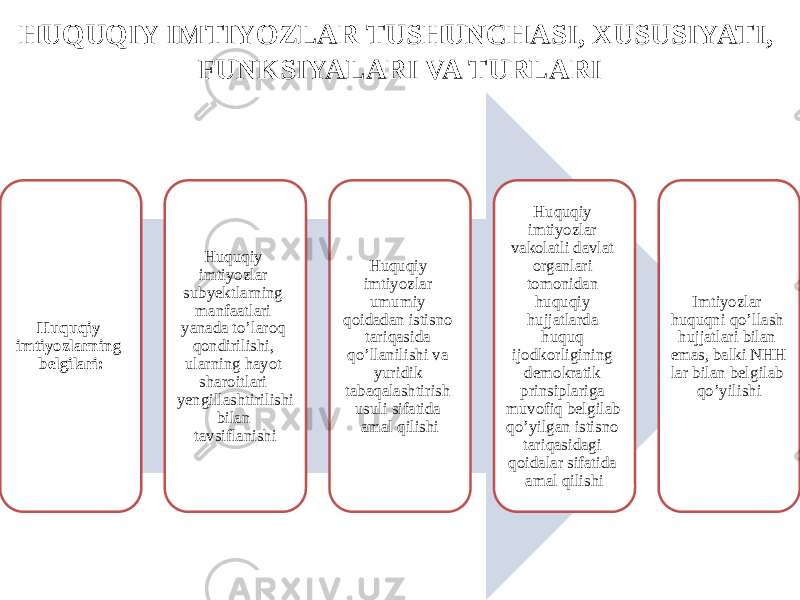 HUQUQIY IMTIYOZLAR TUSHUNCHASI, XUSUSIYATI, FUNKSIYALARI VA TURLARI Huquqiy imtiyozlarning belgilari: Huquqiy imtiyozlar subyektlarning manfaatlari yanada to’laroq qondirilishi, ularning hayot sharoitlari yengillashtirilishi bilan tavsiflanishi Huquqiy imtiyozlar umumiy qoidadan istisno tariqasida qo’llanilishi va yuridik tabaqalashtirish usuli sifatida amal qilishi Huquqiy imtiyozlar vakolatli davlat organlari tomonidan huquqiy hujjatlarda huquq ijodkorligining demokratik prinsiplariga muvofiq belgilab qo’yilgan istisno tariqasidagi qoidalar sifatida amal qilishi Imtiyozlar huquqni qo’llash hujjatlari bilan emas, balki NHH lar bilan belgilab qo’yilishi 