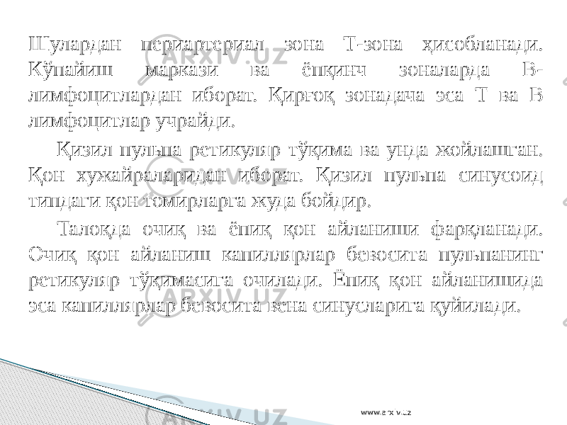 Шулардан периартериал зона Т-зона ҳисобланади. Кўпайиш маркази ва ёпқинч зоналарда В- лимфоцитлардан иборат. Қирғоқ зонадача эса Т ва В лимфоцитлар учрайди. Қизил пульпа ретикуляр тўқима ва унда жойлашган. Қон хужайраларидан иборат. Қизил пульпа синусоид типдаги қон томирларга жуда бойдир. Талоқда очиқ ва ёпиқ қон айланиши фарқланади. Очиқ қон айланиш капиллярлар бевосита пульпанинг ретикуляр тўқимасига очилади. Ёпиқ қон айланишида эса капиллярлар бевосита вена синусларига қуйилади. www.arxiv.uz 