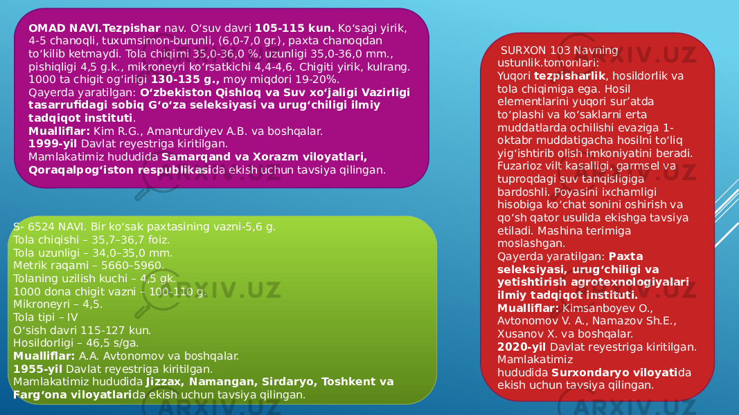 OMAD NAVI.Tezpishar  nav. O‘suv davri  105-115 kun.  Ko‘sagi yirik, 4-5 chanoqli, tuxumsimon-burunli, (6,0-7,0 gr.), paxta chanoqdan to‘kilib ketmaydi. Tola chiqimi 35,0-36,0 %, uzunligi 35,0-36,0 mm., pishiqligi 4,5 g.k., mikroneyri ko‘rsatkichi 4,4-4,6. Chigiti yirik, kulrang. 1000 ta chigit og‘irligi  130-135 g.,  moy miqdori 19-20%. Qayerda yaratilgan:  O‘zbekiston Qishloq va Suv xo‘jaligi Vazirligi tasarrufidagi sobiq G‘o‘za seleksiyasi va urug‘chiligi ilmiy tadqiqot instituti . Mualliflar:  Kim R.G., Amanturdiyev A.B. va boshqalar. 1999-yil  Davlat reyestriga kiritilgan. Mamlakatimiz hududida  Samarqand va Xorazm viloyatlari, Qoraqalpog‘iston respublikasi da ekish uchun tavsiya qilingan. SURXON 103 Navning ustunlik.tomonlari: Yuqori  tezpisharlik , hosildorlik va tola chiqimiga ega. Hosil elementlarini yuqori surʼatda to‘plashi va ko‘saklarni erta muddatlarda ochilishi evaziga 1- oktabr muddatigacha hosilni to‘liq yig‘ishtirib olish imkoniyatini beradi. Fuzarioz vilt kasalligi, garmsel va tuproqdagi suv tanqisligiga bardoshli. Poyasini ixchamligi hisobiga ko‘chat sonini oshirish va qo‘sh qator usulida ekishga tavsiya etiladi. Mashina terimiga moslashgan. Qayerda yaratilgan:  Paxta seleksiyasi, urug‘chiligi va yetishtirish agrotexnologiyalari ilmiy tadqiqot instituti. Mualliflar:  Kimsanboyev O., Avtonomov V. A., Namazov Sh.E., Xusanov X. va boshqalar. 2020-yil  Davlat reyestriga kiritilgan. Mamlakatimiz hududida  Surxondaryo viloyati da ekish uchun tavsiya qilingan.S- 6524 NAVI. Bir ko‘sak paxtasining vazni-5,6 g. Tola chiqishi – 35,7–36,7 foiz. Tola uzunligi – 34,0–35,0 mm. Metrik raqami – 5660–5960. Tolaning uzilish kuchi – 4,5 gk. 1000 dona chigit vazni – 100-110 g. Mikroneyri – 4,5. Tola tipi – IV O‘sish davri 115-127 kun. Hosildorligi – 46,5 s/ga. Mualliflar:  A.A. Avtonomov va boshqalar. 1955-yil  Davlat reyestriga kiritilgan. Mamlakatimiz hududida  Jizzax, Namangan, Sirdaryo, Toshkent va Farg‘ona viloyatlari da ekish uchun tavsiya qilingan. 