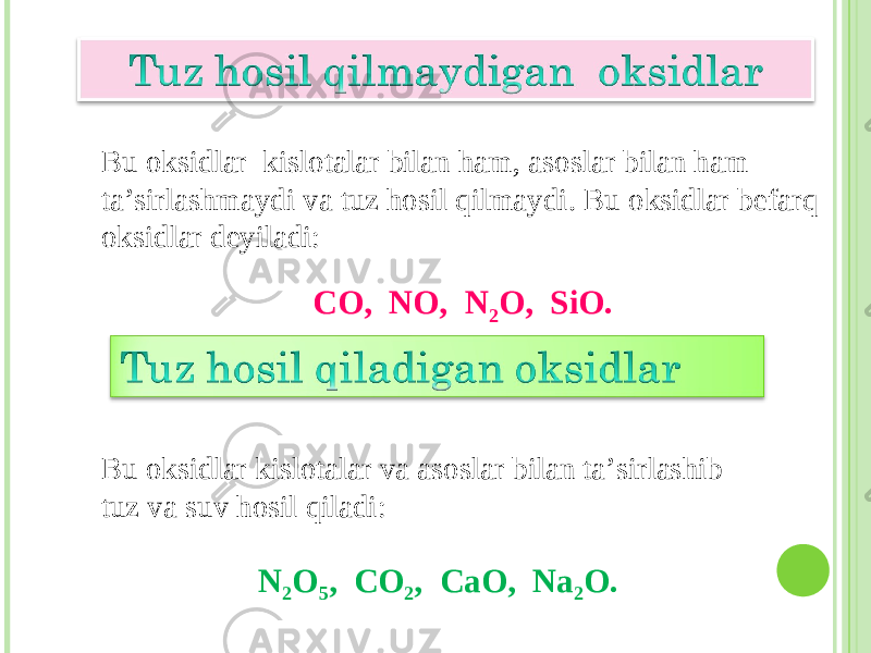 Bu oksidlar kislotalar bilan ham, asoslar bilan ham ta’sirlashmaydi va tuz hosil qilmaydi . Bu oksidlar befarq oksidlar deyiladi : CO, NO, N 2 O, SiO. Bu oksidlar kislotalar va asoslar bilan ta’sirlashib tuz va suv hosil qiladi : N 2 O 5 , CO 2 , CaO, Na 2 O. 