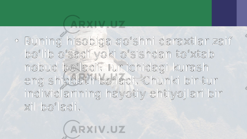 • Buning hisobiga qo‘shni daraxtlar zaif bo‘lib o‘sadi yoki o‘sishdan to‘xtab nobud bo‘ladi. Tur ichidagi kurash eng shiddatli bo‘ladi. Chunki bir tur individlarining hayotiy ehtiyojlari bir xil bo‘ladi. 