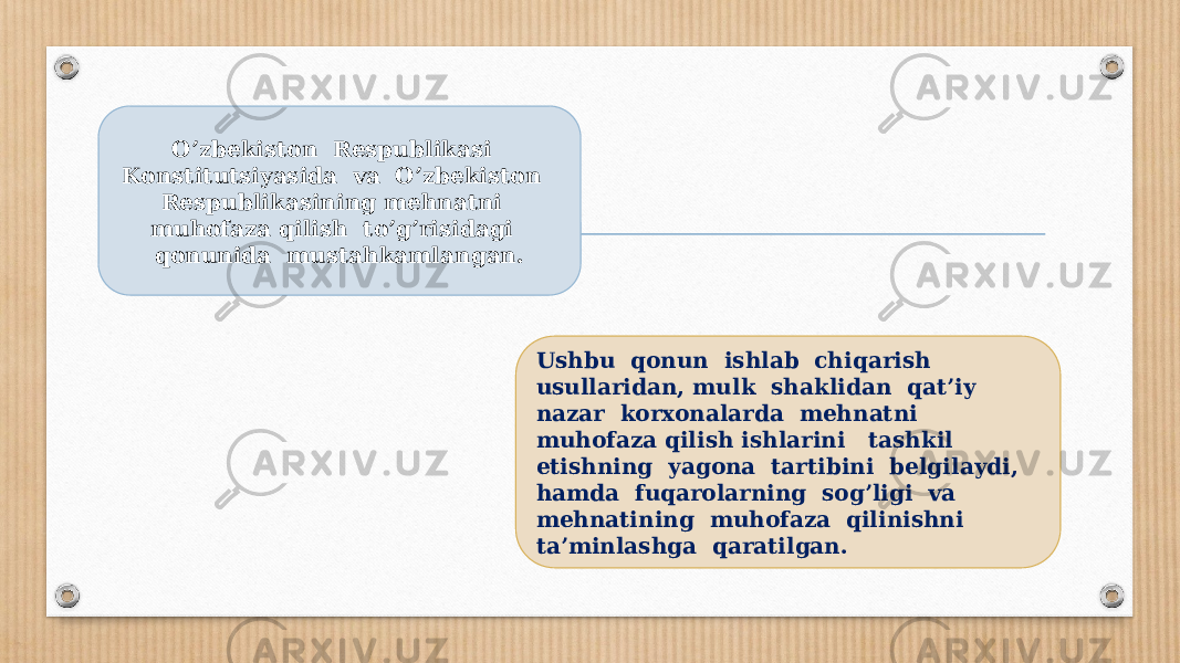 O’zbekiston Respublikasi Konstitutsiyasida va O’zbekiston Respublikasining mehnatni muhofaza qilish to’g’risidagi qonunida mustahkamlangan. Ushbu qonun ishlab chiqarish usullaridan, mulk shaklidan qat’iy nazar korxonalarda mehnatni muhofaza qilish ishlarini tashkil etishning yagona tartibini belgilaydi, hamda fuqarolarning sog’ligi va mehnatining muhofaza qilinishni ta’minlashga qaratilgan. 