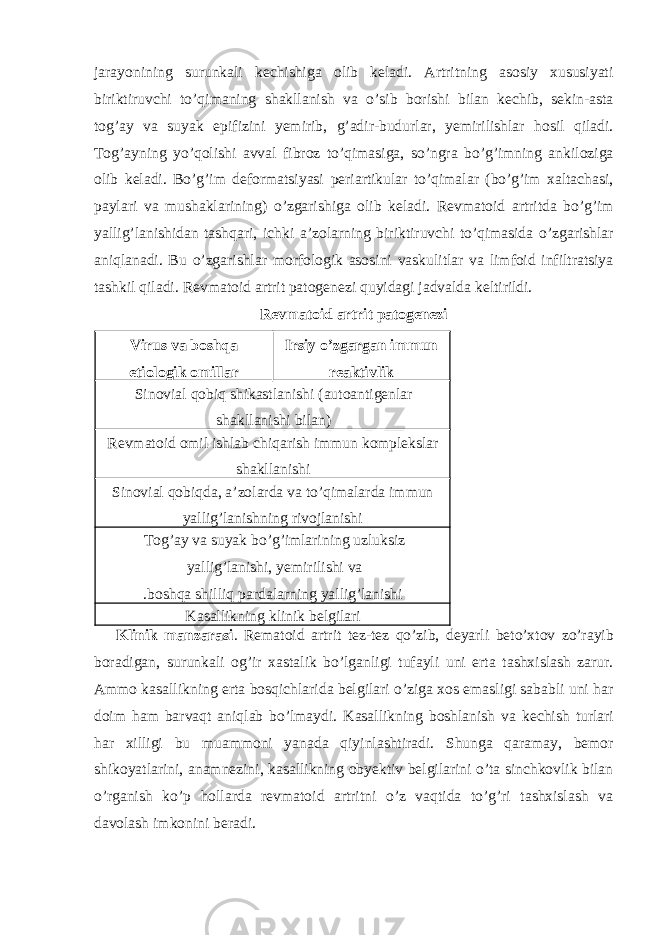 jarayonining surunkali kechishiga olib keladi. Artritning asosiy xususiyati biriktiruvchi to’qimaning shakllanish va o’sib borishi bilan kechib, sekin-asta tog’ay va suyak epifizini yemirib, g’adir-budurlar, yemirilishlar hosil qiladi. Tog’ayning yo’qolishi avval fibroz to’qimasiga, so’ngra bo’g’imning ankiloziga olib keladi. Bo’g’im deformatsiyasi periartikular to’qimalar (bo’g’im xaltachasi, paylari va mushaklarining) o’zgarishiga olib keladi. Revmatoid artritda bo’g’im yallig’lanishidan tashqari, ichki a’zolarning biriktiruvchi to’qimasida o’zgarishlar aniqlanadi. Bu o’zgarishlar morfologik asosini vaskulitlar va limfoid infiltratsiya tashkil qiladi. Revmatoid artrit patogenezi quyidagi jadvalda keltirildi. Revmatoid artrit patogenezi Virus va boshqa etiologik omillar Irsiy o’zgargan immun reaktivlik Sinovial qobiq shikastlanishi (autoantigenlar shakllanishi bilan) Revmatoid omil ishlab chiqarish immun komplekslar shakllanishi Sinovial qobiqda, a’zolarda va to’qimalarda immun yallig’lanishning rivojlanishi Tog’ay va suyak bo’g’imlarining uzluksiz yallig’lanishi, yemirilishi va .boshqa shilliq pardalarning yallig’lanishi Kasallikning klinik belgilari Klinik manzarasi . Rematoid artrit tez-tez qo’zib, deyarli beto’xtov zo’rayib boradigan, surunkali og’ir xastalik bo’lganligi tufayli uni erta tashxislash zarur. Ammo kasallikning erta bosqichlarida belgilari o’ziga xos emasligi sababli uni har doim ham barvaqt aniqlab bo’lmaydi. Kasallikning boshlanish va kechish turlari har xilligi bu muammoni yanada qiyinlashtiradi. Shunga qaramay, bemor shikoyatlarini, anamnezini, kasallikning obyektiv belgilarini o’ta sinchkovlik bilan o’rganish ko’p hollarda revmatoid artritni o’z vaqtida to’g’ri tashxislash va davolash imkonini beradi. 