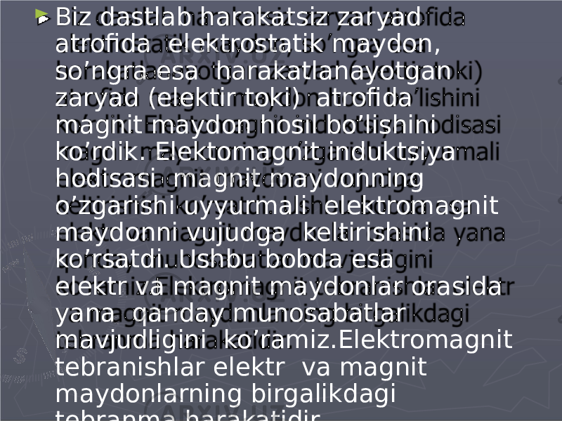 ► Biz dastlab harakatsiz zaryad atrofida elektrostatik maydon, so’ngra esa harakatlanayotgan zaryad (elektir toki) atrofida magnit maydon hosil bo’lishini ko’rdik. Elektomagnit induktsiya hodisasi magnit maydonning o’zgarishi uyyurmali elektromagnit maydonni vujudga keltirishini ko’rsatdi. Ushbu bobda esa elektr va magnit maydonlar orasida yana qanday munosabatlar mavjudligini ko’ramiz.Elektromagnit tebranishlar elektr va magnit maydonlarning birgalikdagi tebranma harakatidir. 