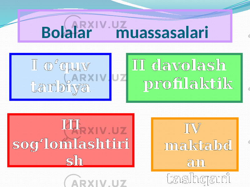 Bolalar muassasalari I o‘quv tarbiya II davolash profilaktik III sog‘lomlashtiri sh IV maktabd an tashqari 