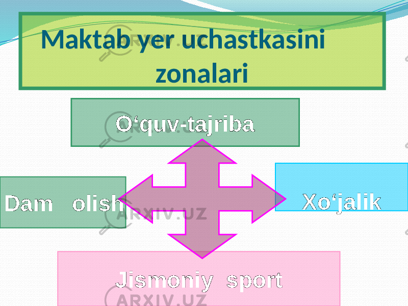 O‘quv-tajriba Jismoniy sportDam olish Xo‘jalikMaktab yer uchastkasini zonalari 