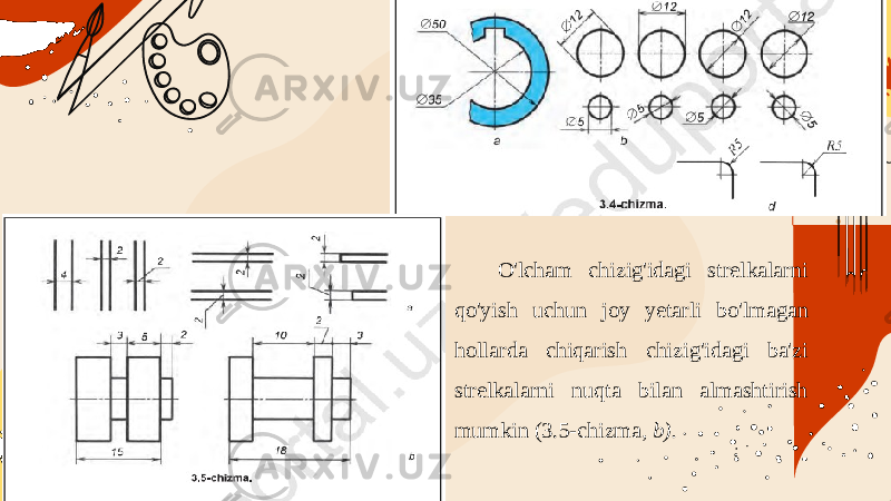 O&#39;lcham chizig&#39;idagi strelkalarni qo&#39;yish uchun joy yetarli bo&#39;lmagan hollarda chiqarish chizig&#39;idagi ba&#39;zi strelkalarni nuqta bilan almashtirish mumkin (3.5-chizma, b). 