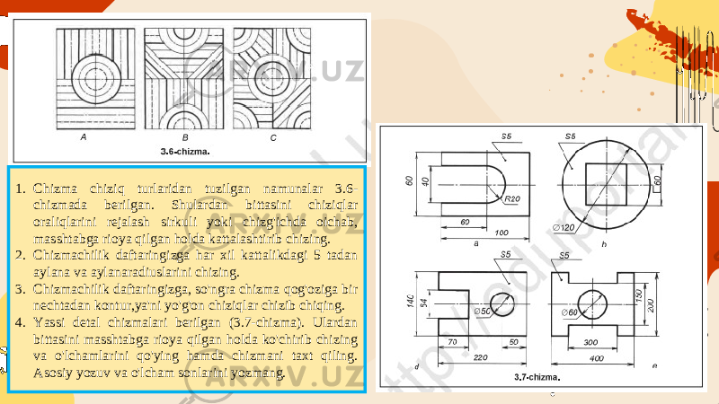 1. Chizma chiziq turlaridan tuzilgan namunalar 3.6- chizmada berilgan. Shulardan bittasini chiziqlar oraliqlarini rejalash sirkuli yoki chizg&#39;ichda oichab, masshtabga rioya qilgan holda kattalashtirib chizing. 2. Chizmachilik daftaringizga har xil kattalikdagi 5 tadan aylana va aylanaradiuslarini chizing. 3. Chizmachilik daftaringizga, so&#39;ngra chizma qog&#39;oziga bir nechtadan kontur,ya&#39;ni yo&#39;g&#39;on chiziqlar chizib chiqing. 4. Yassi detal chizmalari berilgan (3.7-chizma). Ulardan bittasini masshtabga rioya qilgan holda ko&#39;chirib chizing va o&#39;lchamlarini qo&#39;ying hamda chizmani taxt qiling. Asosiy yozuv va o&#39;lcham sonlarini yozmang. 