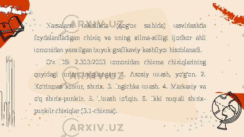 Narsalarni tekislikda (qog&#39;oz sathida) tasvirlashda foydalaniladigan chi ziq va uning xilma-xilligi ijodkor ahli tomonidan yaratilgan buyuk grafikaviy kashfiyot hisoblanadi. O&#39;z DSt 2.303:2003 tomonidan chizma chiziqlarining quyidagi turlari belgilangan: 1. Asosiy tutash, yo&#39;g&#39;on. 2. Ko&#39;rinmas kontur, shtrix. 3. Ingichka tutash. 4. Markaziy va o&#39;q shtrix-punktir. 5. Tutash to&#39;lqin. 6. Ikki nuqtali shtrix- punktir chiziqlar (3.1-chizma). 