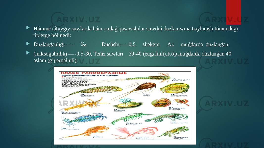  Hámme tábiyǵıy suwlarda hám ondaǵı jasawshılar suwdıń duzlanıwına baylanıslı tómendegi tiplerge bólinedi:  Duzlanǵanlıǵı----- ‰, Dushshı-----0,5 shekem, Az muǵdarda duzlanǵan  (miksogalinlik)-----0,5-30, Teńiz suwları 30-40 (eugalinli),Kóp muǵdarda duzlanǵan 40 aslam (gipergalinli). 