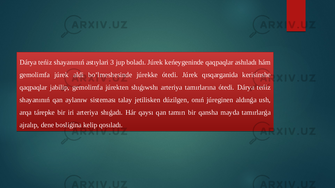 Dárya teńiz shayanınıń astıylari 3 jup boladı. Júrek keńeygeninde qaqpaqlar ashıladı hám gemolimfa júrek aldi bo’lmeshesinde júrekke ótedi. Júrek qısqarganida kerisinshe qaqpaqlar jabilip, gemolimfa júrekten shıǵıwshı arteriya tamırlarına ótedi. Dárya teńiz shayanınıń qan aylanıw sisteması talay jetilisken dúzilgen, onıń júreginen aldınǵa ush, arqa tárepke bir iri arteriya shıǵadı. Hár qaysı qan tamırı bir qansha mayda tamırlarǵa ajralıp, dene bosliǵina kelip qosıladı. 20 1E 2D 1108 04 04 