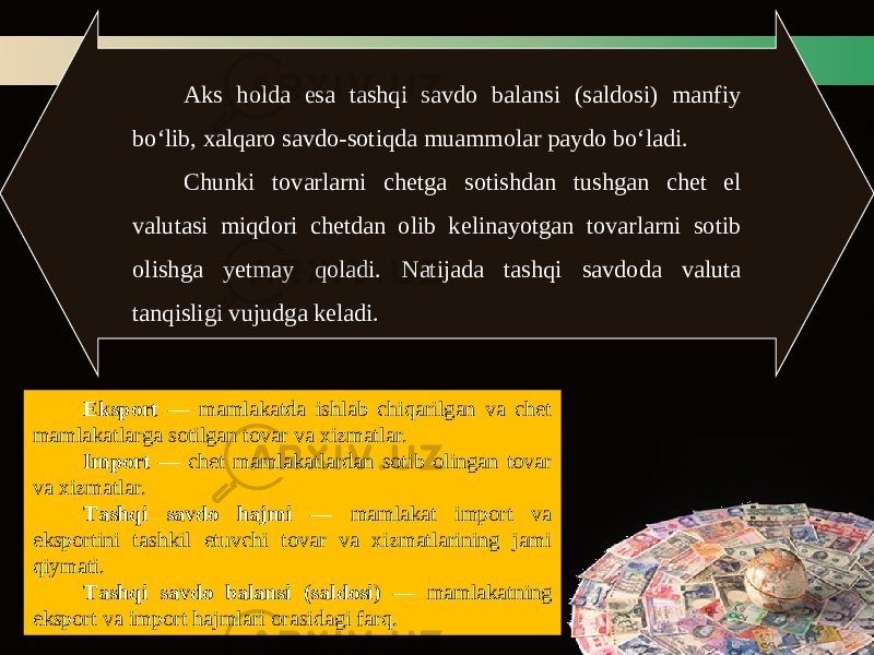 Aks holda esa tashqi savdo balansi (saldosi) manfiy bo‘lib, xalqaro savdo-sotiqda muammolar paydo bo‘ladi. Chunki tovarlarni chetga sotishdan tushgan chet el valutasi miqdori chetdan olib kelinayotgan tovarlarni sotib olishga yetmay qoladi. Natijada tashqi savdoda valuta tanqisligi vujudga keladi. Eksport — mamlakatda ishlab chiqarilgan va chet mamlakatlarga sotilgan tovar va xizmatlar. Import — chet mamlakatlardan sotib olingan tovar va xizmatlar. Tashqi savdo hajmi — mamlakat import va eksportini tashkil etuvchi tovar va xizmatlarining jami qiymati. Tashqi savdo balansi (saldosi) — mamlakatning eksport va import hajmlari orasidagi farq. 