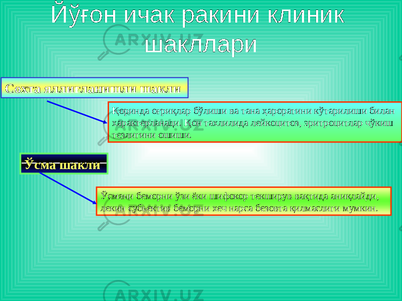 Сохта яллиғланишли шакли Қоринда оғриқлар бўлиши ва тана ҳароратини кўтарилиши билан характерланади. Қон тахлилида лейкоцитоз, эритроцитлар чўкиш тезлигини ошиши. Ўсма шакли Ўсмани беморни ўзи ёки шифокор текширув вақтида аниқлайди, лекин субьектив беморни хеч нарса безовта қилмаслиги мумкин. Йўғон ичак ракини клиник шакллари 