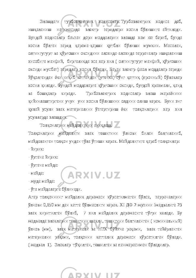 Элашдаги турбоэлектрик ходисалар.   Турбоэлектрик ходиса деб, ишқаланиш натижасида электр зарядлари хосил бўлишига айтилади. Бундай ходисалар баъзан дори моддаларни элашда хам юз бериб, бунда хосил бўлган заряд қарама-қарши қутбли бўлиши мумкин. Масалан, олтингугурт ва қўрғошин оксидини алохида-алохида заррачалар ишқаланиш хисобига манфий, биргаликда эса хар хил ( олтингугурт манфий, қўрғошин оксиди мусбат) зарядлар хосил бўлади. Баъзи электр фаол моддалар заряди йўқолгандан ёки чиқиб кетгандан (утечка) сўнг қаттиқ (прочный) бўлаклар хосил қилади. Бундай моддаларга қўр ғ ошин оксиди, буғдой крахмали, қанд ва бошқалар киради. Трибоэлектрик ходисалар элаш жараёнини қ ийинлаштиргани учун уни хосил бўлишини олдини олиш керак. Буни энг қ улай усули элак материалини ўзгартириш ёки толқонларни хар хил усулларда элашдир. Толқонларни майдалигини аниқлаш. Толқонларни майдалиги элак тешигини ўлчови билан белгиланиб, майдаланган толқон ундан тўла ўтиши керак. Майдалигига қараб толқонлар: - йирик: - ўртача йирик: - ўртача майда: - майда: - жуда майда: - ўта майдаларга бўлинади. Агар толқоннинг майдалик даражаси кўрсатилмаган бўлса, заррачаларни ўлчови 0,150 мм дан катта бўлмаслиги керак. XI ДФ 2-жузини Iжадвалига 23 элак киритилган бўлиб, 7 хил майдалик даражасига тўғри келади. Бу жадвалда элакларни тешигини шакли, тешигини белгиланган ( номинальный) ўлчов (мм), элак материали ва НТХ бўйича рақами, элак тайёрланган материални рақами, толқонни катталик даражаси кўрсатилган бўлади. ( жадвал 1). Элаклар тўқилган, тешилган ва панжарасимон бўладилар. 