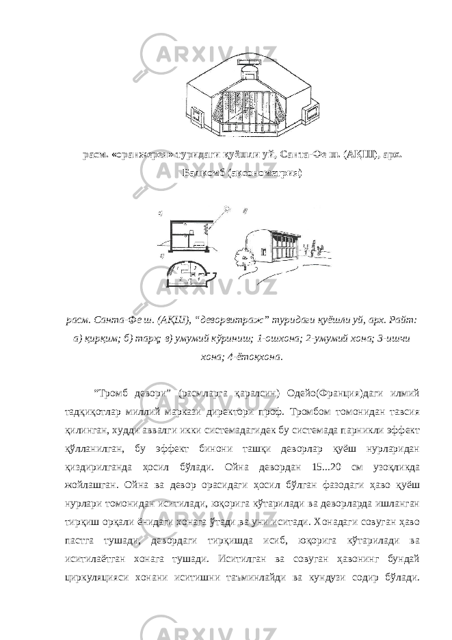 расм. «оранжерея» туридаги қуёшли уй, Санта-Фе ш. (АҚШ), арх. Балкомб (аксонометрия) расм. Санта-Фе ш. (АҚШ), “деворвитраж” туридаги қуёшли уй, арх. Райт: а) қирқим; б) тарҳ; в) умумий кўриниш; 1-ошхона; 2-умумий хона; 3-ишчи хона; 4-ётоқхона. “Тромб девори” (расмларга қаралсин) Одейо(Франция)даги илмий тадқиқотлар миллий маркази директори проф. Тромбом томонидан тавсия қилинган, худди аввалги икки системадагидек бу системада парникли эффект қўлланилган, бу эффект бинони ташқи деворлар қуёш нурларидан қиздирилганда ҳосил бўлади. Ойна девордан 15...20 см узоқликда жойлашган. Ойна ва девор орасидаги ҳосил бўлган фазодаги ҳаво қуёш нурлари томонидан иситилади, юқорига кўтарилади ва деворларда ишланган тирқиш орқали ёнидаги хонага ўтади ва уни иситади. Хонадаги совуган ҳаво пастга тушади, девордаги тирқишда исиб, юқорига кўтарилади ва иситилаётган хонага тушади. Иситилган ва совуган ҳавонинг бундай циркуляцияси хонани иситишни таъминлайди ва кундузи содир бўлади. 