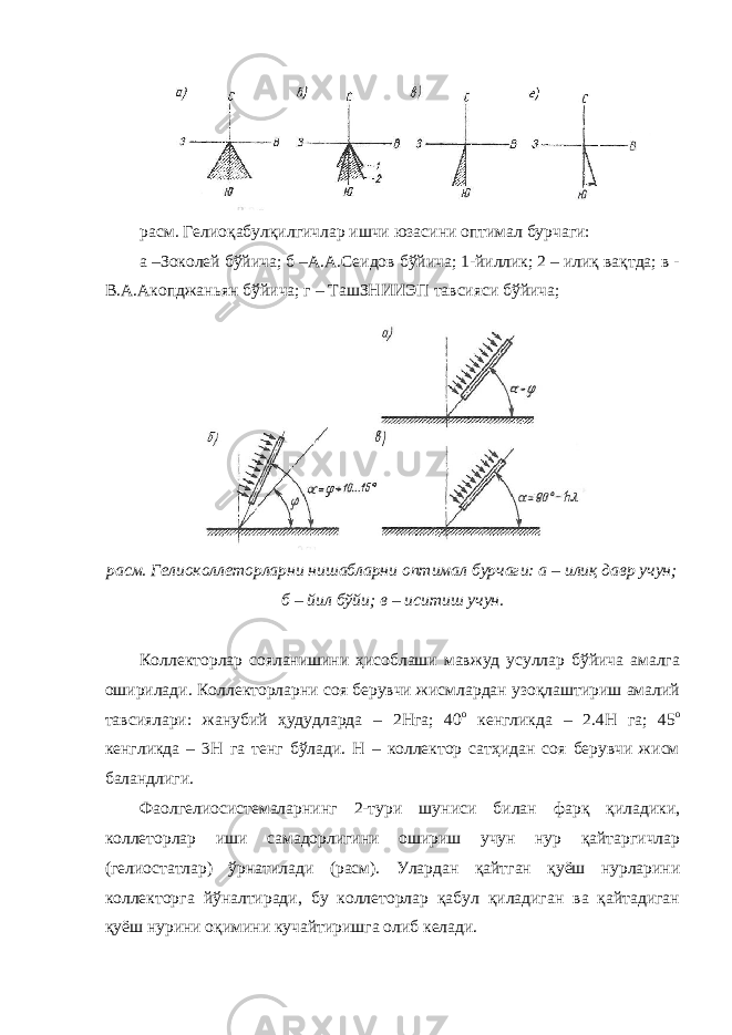 расм. Гелиоқабулқилгичлар ишчи юзасини оптимал бурчаги: а –Зоколей бўйича; б –А.А.Сеидов бўйича; 1-йиллик; 2 – илиқ вақтда; в - В.А.Акопджаньян бўйича; г – ТашЗНИИЭП тавсияси бўйича; расм. Гелиоколлеторларни нишабларни оптимал бурчаги: а – илиқ давр учун; б – йил бўйи; в – иситиш учун. Коллекторлар сояланишини ҳисоблаши мавжуд усуллар бўйича амалга оширилади. Коллекторларни соя берувчи жисмлардан узоқлаштириш амалий тавсиялари: жанубий ҳудудларда – 2Нга; 40 о кенгликда – 2.4Н га; 45 о кенгликда – 3Н га тенг бўлади. Н – коллектор сатҳидан соя берувчи жисм баландлиги. Фаолгелиосистемаларнинг 2-тури шуниси билан фарқ қиладики, коллеторлар иши самадорлигини ошириш учун нур қайтаргичлар (гелиостатлар) ўрнатилади (расм). Улардан қайтган қуёш нурларини коллекторга йўналтиради, бу коллеторлар қабул қиладиган ва қайтадиган қуёш нурини оқимини кучайтиришга олиб келади. 