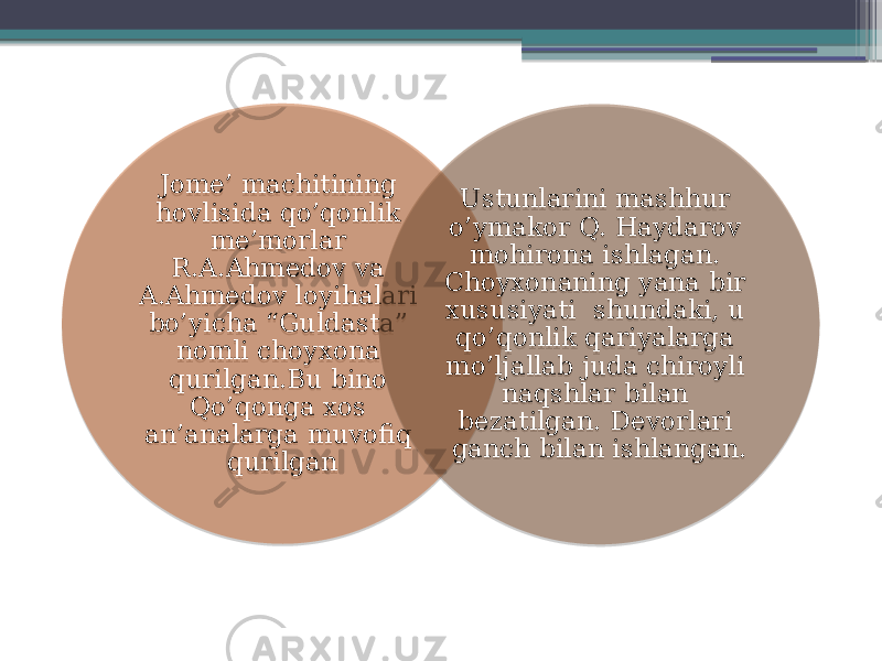 Jome’ machitining hovlisida qo’qonlik me’morlar R.A.Ahmedov va A.Ahmedov loyihalari bo’yicha “Guldasta” nomli choyxona qurilgan.Bu bino Qo’qonga xos an’analarga muvofiq qurilgan Ustunlarini mashhur o’ymakor Q. Haydarov mohirona ishlagan. Choyxonaning yana bir xususiyati shundaki, u qo’qonlik qariyalarga mo’ljallab juda chiroyli naqshlar bilan bezatilgan. Devorlari ganch bilan ishlangan. 1104 14 0F 3D20 34 17 03 1C 3F04 0B 1C 2E 04 0F04 40 2A 1C 0F04 03 17 05 