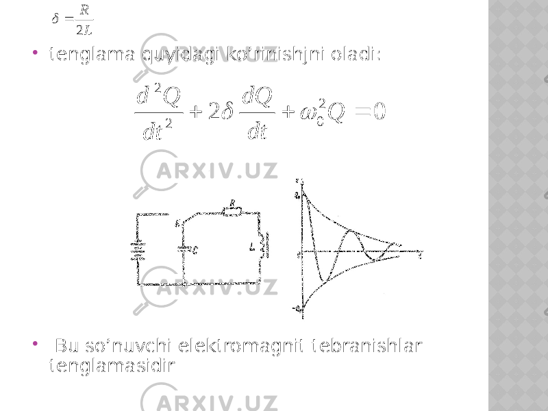  tenglama quyidagi ko’rinishjni oladi:  Bu so’nuvchi elektromagnit tebranishlar tenglamasidir L R 2   0 2 2 0 2 2    Q dt dQ dt Q d   