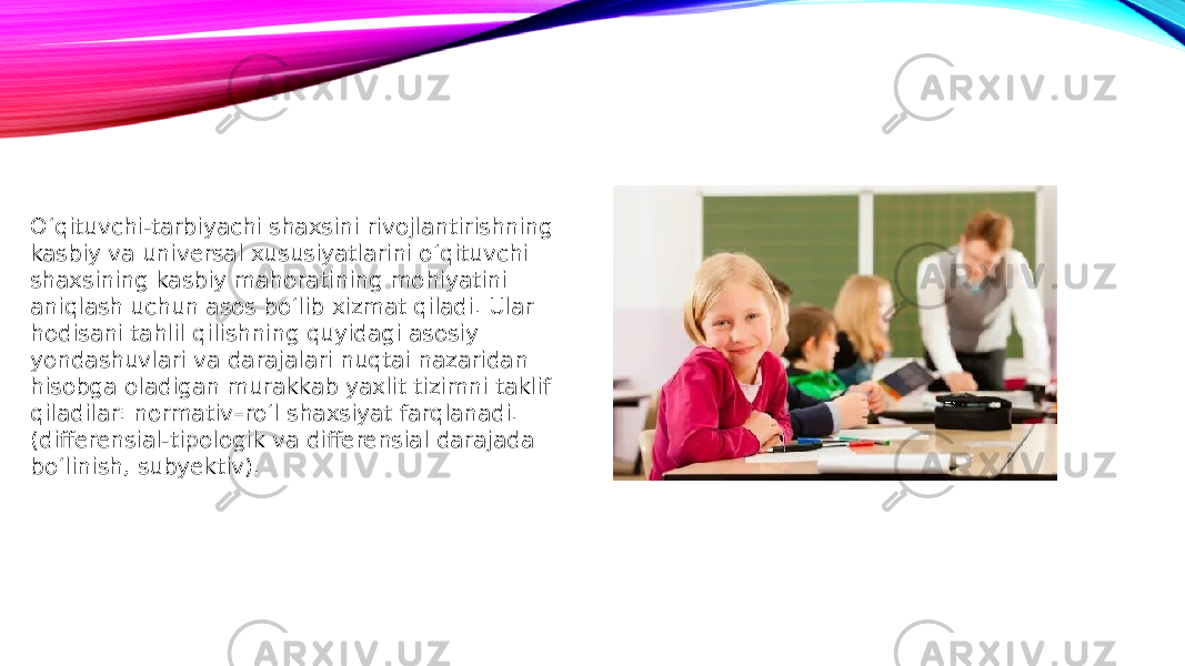 O‘qituvchi-tarbiyachi shaxsini rivojlantirishning kasbiy va universal xususiyatlarini o‘qituvchi shaxsining kasbiy mahoratining mohiyatini aniqlash uchun asos bo‘lib xizmat qiladi. Ular hodisani tahlil qilishning quyidagi asosiy yondashuvlari va darajalari nuqtai nazaridan hisobga oladigan murakkab yaxlit tizimni taklif qiladilar: normativ–ro‘l shaxsiyat farqlanadi. (differensial-tipologik va differensial darajada bo‘linish, subyektiv). 