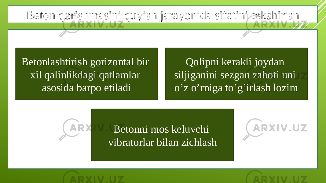 Beton qorishmasini quyish jarayonida sifatini tekshirish Qolipni kerakli joydan siljiganini sezgan zahoti uni o’z o’rniga to’g’irlash lozimBetonlashtirish gorizontal bir xil qalinlikdagi qatlamlar asosida barpo etiladi Betonni mos keluvchi vibratorlar bilan zichlash 