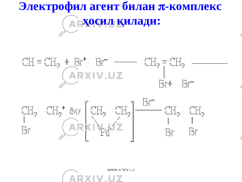 Э лектрофил агент билан  -комплекс ҳосил қилади: CH = CH 2 + Br + – Br – CH 2 = CH 2 Br+ – Br – CH 2 – CH 2 + ёки CH 2 – CH 2 CH 2 – CH 2 Br – Br Br Pd Br CH = CH 2 + Br + – Br – CH 2 = CH 2 Br+ – Br – CH = CH 2 + Br + – Br – CH 2 = CH 2 Br+ – Br – CH 2 – CH 2 + ёки CH 2 – CH 2 CH 2 – CH 2 Br – Br Br Pd Br CH 2 – CH 2 + ёки CH 2 – CH 2 CH 2 – CH 2 Br – Br Br PdPd Br www.arxiv.uz 