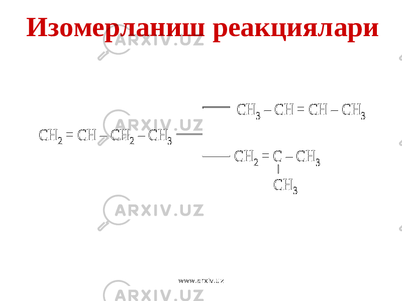 Изомерланиш реакциялариCH 2 = CH – CH 2 – CH 3 CH 3 – CH = CH – CH 3 CH 2 = C – CH 3 CH 3 CH 2 = CH – CH 2 – CH 3 CH 3 – CH = CH – CH 3 CH 2 = C – CH 3 CH 3 www.arxiv.uz 