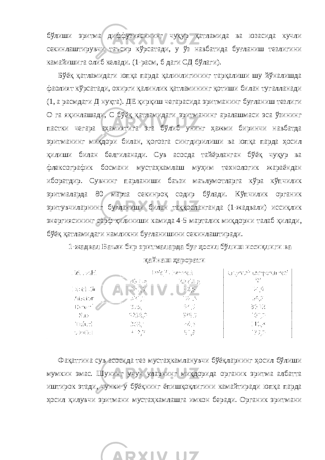 бўлиши эритма диффузиясининг чуқур қатламида ва юзасида кучли секинлаштирувчи таъсир кўрсатади, у ўз навбатида буғланиш тезлигини камайишига олиб келади. (1-расм, б даги СД бўлаги). Бўёқ қатламидаги юпқа парда қалинлигининг тарқалиши шу йўналишда фаолият кўрсатади, охирги қалинлик қатламининг қотиши билан тугалланади (1, а расмдаги Д нуқта). ДЕ қирқиш чегарасида эритманинг буғланиш тезлиги О га яқинлашади, C бўёқ қатламидаги эритманинг аралашмаси эса ўзининг пастки чегара аҳамиятига эга бўлиб унинг ҳажми биринчи навбатда эритманинг миқдори билан, қоғозга сингдирилиши ва юпқа парда ҳосил қилиши билан белгиланади. Сув асосда тайёрланган бўёқ чуқур ва флексографик босмани мустаҳкамлаш муҳим технологик жараёндан иборатдир. Сувнинг парланиши баъзи маълумотларга кўра кўпчилик эритмаларда 80 марта секинроқ содир бўлади. Кўпчилик органик эритувчиларнинг буғланиши билан таққосланганда (1-жадвали) иссиқлик энергиясининг сарф қилиниши камида 4-5 марталик миқдорни талаб қилади, бўёқ қатламидаги намликни буғланишини секинлаштиради. 1-жадвал Баъзи бир эритмаларда буғ ҳосил бўлиш иссиқлиги ва қайнаш ҳарорати Фақатгина сув асосида тез мустаҳкамланувчи бўёқларнинг ҳосил бўлиши мумкин эмас. Шунинг учун уларнинг миқдорида органик эритма албатта иштирок этади, чунки у бўёқнинг ёпишқоқлигини камайтиради юпқа парда ҳосил қилувчи эритмани мустаҳкамлашга имкон беради. Органик эритмани 