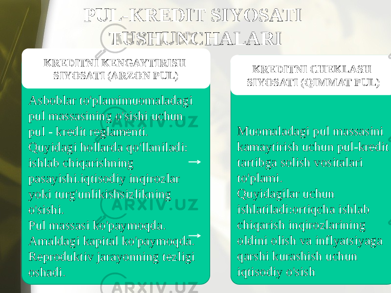 PUL-KREDIT SIYOSATI TUSHUNCHALARI Asboblar to&#39;plamimuomaladagi pul massasining o&#39;sishi uchun pul - kredit reglamenti. Quyidagi hollarda qo&#39;llaniladi: ishlab chiqarishning pasayishi.iqtisodiy inqirozlar yoki turg&#39;unlikishsizlikning o&#39;sishi. Pul massasi ko&#39;paymoqda. Amaldagi kapital ko&#39;paymoqda. Reproduktiv jarayonning tezligi oshadi. KREDITNI KENGAYTIRISH SIYOSATI (ARZON PUL) Muomaladagi pul massasini kamaytirish uchun pul-kredit tartibga solish vositalari to&#39;plami. Quyidagilar uchun ishlatiladi:ortiqcha ishlab chiqarish inqirozlarining oldini olish va inflyatsiyaga qarshi kurashish uchun iqtisodiy o&#39;sish KREDITNI CHEKLASH SIYOSATI (QIMMAT PUL) 