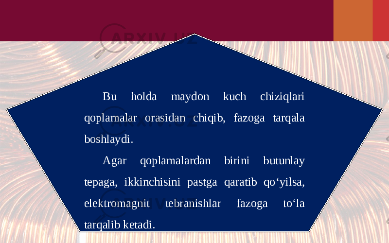 Bu holda maydon kuch chiziqlari qoplamalar orasidan chiqib, fazoga tarqala boshlaydi. Agar qoplamalardan birini butunlay tepaga, ikkinchisini pastga qaratib qo‘yilsa, elektromagnit tebranishlar fazoga to‘la tarqalib ketadi. 