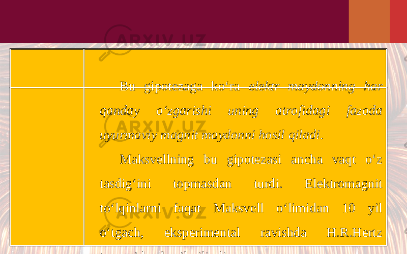 Bu gipotezaga ko‘ra elektr maydonning har qanday o‘zgarishi uning atrofidagi fazoda uyurmaviy magnit maydonni hosil qiladi . Maksvellning bu gipotezasi ancha vaqt o‘z tasdig‘ini topmasdan turdi. Elektromagnit to‘lqinlarni faqat Maksvell o‘limidan 10 yil o‘tgach, eksperimental ravishda H.R.Hertz tomonidan hosil qilindi. 