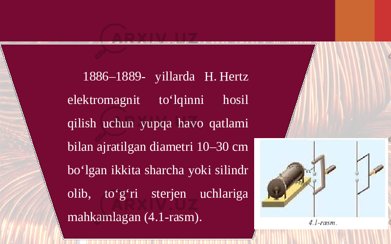 1886–1889- yillarda H. Hertz elektromagnit to‘lqinni hosil qilish uchun yupqa havo qatlami bilan ajratilgan diametri 10–30 cm bo‘lgan ikkita sharcha yoki silindr olib, to‘g‘ri sterjen uchlariga mahkamlagan (4.1-rasm). 