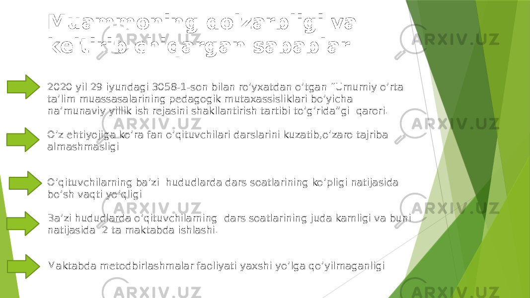 Muammoning dolzarbligi va keltirib chiqargan sabablar 2020 yil 29 iyundagi 3058-1-son bilan ro’yxatdan o’tgan “Umumiy o’rta ta’lim muassasalarining pedagogik mutaxassisliklari bo’yicha na’munaviy yillik ish rejasini shakllantirish tartibi to’g’rida”gi qarori. O’z ehtiyojiga ko’ra fan o’qituvchilari darslarini kuzatib,o’zaro tajriba almashmasligi O’qituvchilarning ba’zi hududlarda dars soatlarining ko’pligi natijasida bo’sh vaqti yo’qligi Ba’zi hududlarda o’qituvchilarning dars soatlarining juda kamligi va buni natijasida 2 ta maktabda ishlashi. Maktabda metodbirlashmalar faoliyati yaxshi yo’lga qo’yilmaganligi 