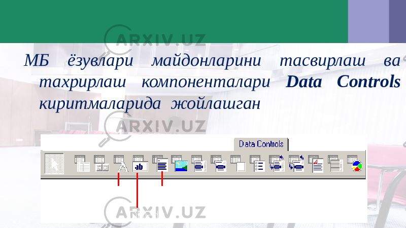 МБ ёзувлари майдонларини тасвирлаш ва тахрирлаш компоненталари Data Controls киритмаларида жойлашган 