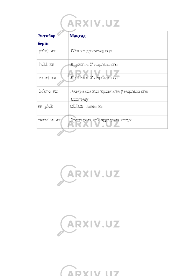  Эътибор бериг Мақсад print_xx Общие примечания hold_xx Держите Уведомления court_xx Любезно Уведомления bckno_xx Резервное копирование уведомления Courtesy xx_pick CLICS Памятка overdue_xx Просроченной задолженности 
