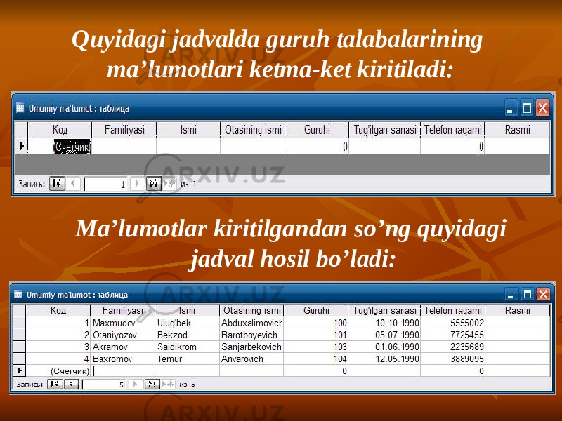 Quyidagi jadvalda guruh talabalarining ma’lumotlari ketma-ket kiritiladi: Ma’lumotlar kiritilgandan so’ng quyidagi jadval hosil bo’ladi: 